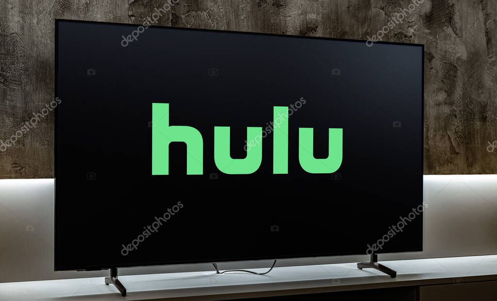 POZNAN, POL - DEC 19, 2023: Flat-screen TV set displaying logo of Hulu, a U.S.-based subscription video on demand service