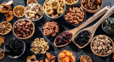 Composition with a variety of dried fruits and assorted nuts. Delicacies.