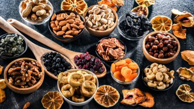 Composition with a variety of dried fruits and assorted nuts. Delicacies.