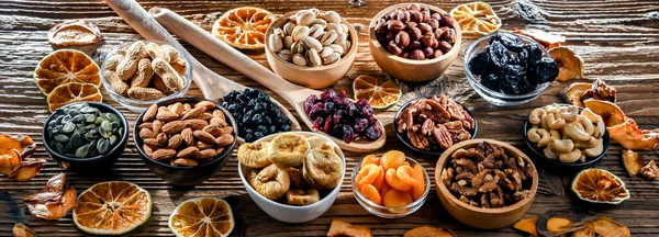 Composition Variety Dried Fruits Assorted Nuts Delicacies — Foto Stock