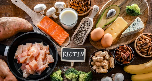 Food Products Rich Biotin Recommended Dietary Supplement Healthy Skin Hair — Stock Photo, Image