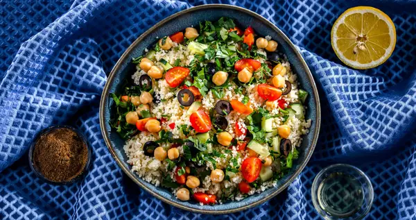 Plate Couscous Served Vegetables Chickpeas — Stock Photo, Image