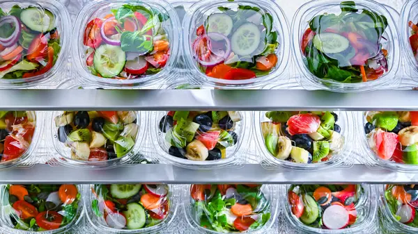 Önceden Paketlenmiş Meyve Sebze Salatalarıyla Dolu Plastik Kutular Ticari Bir — Stok fotoğraf