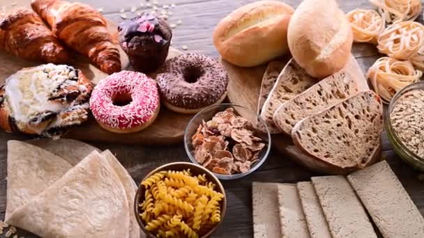 Różnorodność Produktów Spożywczych Zawierających Gluten — Wideo stockowe