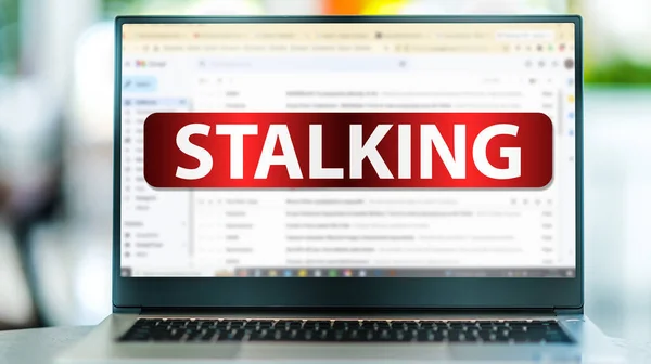 Laptop Computer Displaying Sign Stalking Internet Email Site — Stock Photo, Image