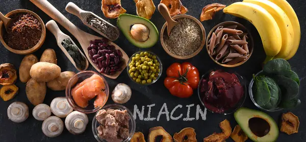 Produtos Alimentares Ricos Niacina Recomendados Como Suplemento Dietético Para Controlar — Fotografia de Stock
