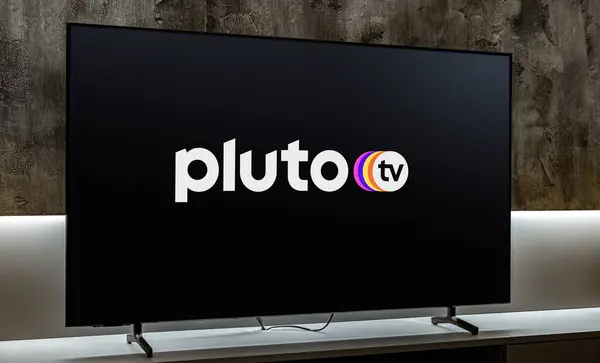 Poznan Pol Dic 2023 Televisor Pantalla Plana Con Logotipo Pluto —  Fotos de Stock