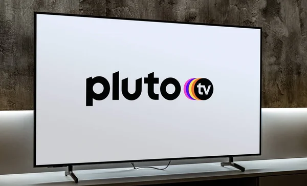 Poznan Pol Dec 2023 Flat Screen Set Displaying Logo Pluto — Stock Photo, Image