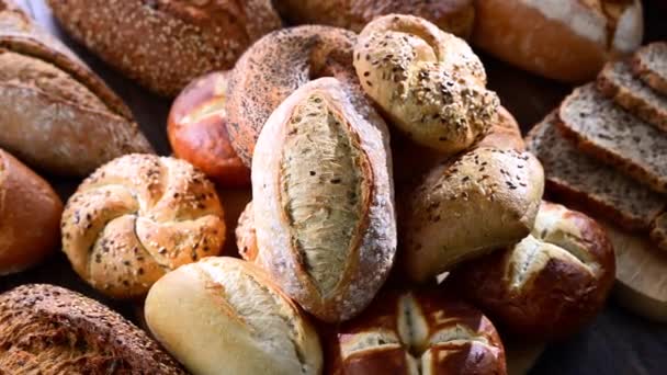 Assorted Bakery Products Including Loaves Bread Rolls — Stock Video