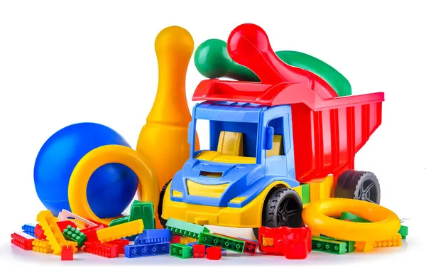 Colorful Plastic Children Toys Isolated White Background — Stock Photo, Image