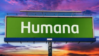 POZNAN, POL - 23 Ocak 2024: Louisville, Kentucky, ABD merkezli bir sağlık sigortası şirketi olan Humana 'nın logosunu gösteren reklam panosu