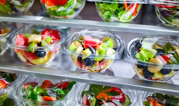 Plastic boxes with pre-packaged fruit and vegetable salads, put up for sale in a commercial refrigerator