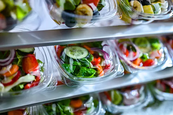 Cajas Plástico Con Ensaladas Frutas Verduras Preenvasadas Puestas Venta Refrigerador —  Fotos de Stock