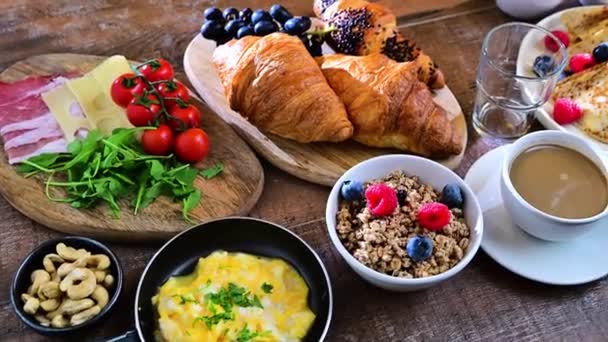 Breakfast Served Coffee Orange Juice Scrambled Eggs Cereals Pancakes Croissants — Video Stock