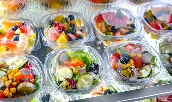 Plastic Boxes Pre Packaged Fruit Vegetable Salads Put Sale Commercial —  Fotos de Stock