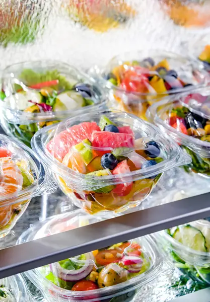 Plastic Boxes Pre Packaged Fruit Salads Put Sale Commercial Refrigerator — Photo