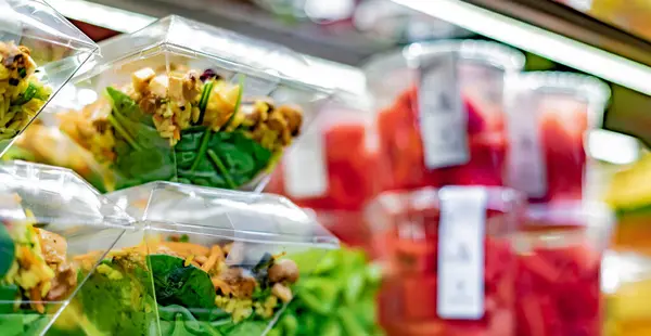 Hazır Yemek Meyve Salataları Ticari Bir Buzdolabında Sergileniyor — Stok fotoğraf
