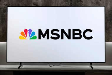POZNAN, POL - MAR 01, 2024: MSNBC 'nin logosunu gösteren düz ekran TV seti, New York merkezli Amerikan haber tabanlı bir televizyon kanalı.