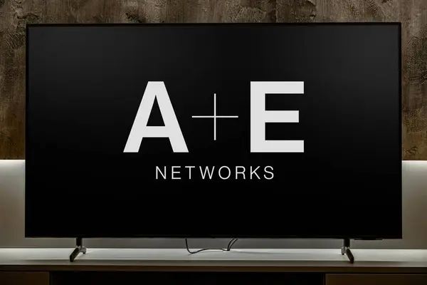 stock image POZNAN, POL - FEB 04, 2020: Flat-screen TV set displaying logo of A&E Networks, a multinational broadcasting company
