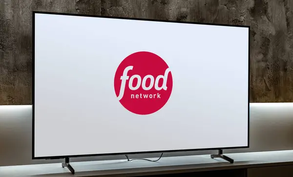 Poznan Pol Mar 2024 Telewizor Płaskim Ekranem Wyświetlający Logo Food — Zdjęcie stockowe