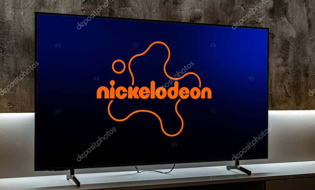 POZNAN, POL - MAR 01, 2024: Flat-screen TV set displaying logo of Nickelodeon, an American pay television channel