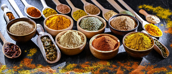 Composition with assortment of spices and herbs.