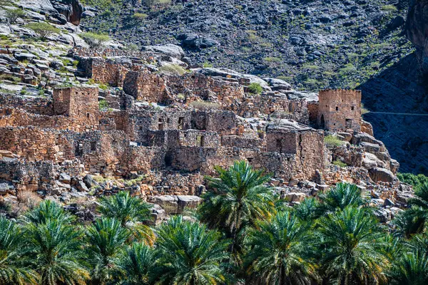 Verlaten Dorpsruïnes Van Riwaygh Safil Valley Necrosis Oman Rechtenvrije Stockafbeeldingen