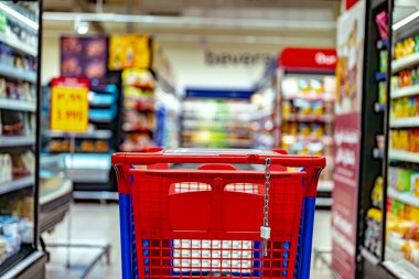 Süpermarketin rafında bir alışveriş arabası.