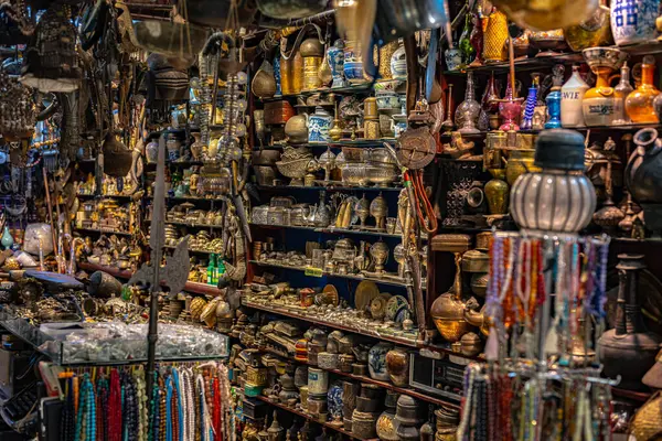 stock image MUSCAT, OMAN - MAR 19, 2024: Interior of a store with traditional handicraft products on Souq Muttrah, Muscat, Oman