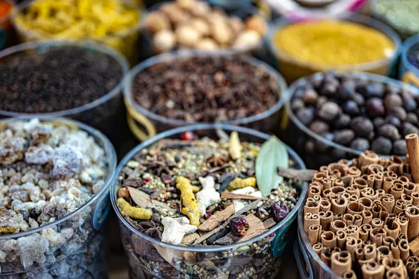 stock image Variety of spices and herbs on Nizwa Souq, Oman.