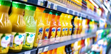 MÜZCAT, OMAN - 14 MAR 2024: Ticari bir buzdolabında satılığa çıkarılan soğuk içecekler