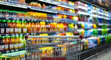 Süpermarketin rafında bir alışveriş arabası.