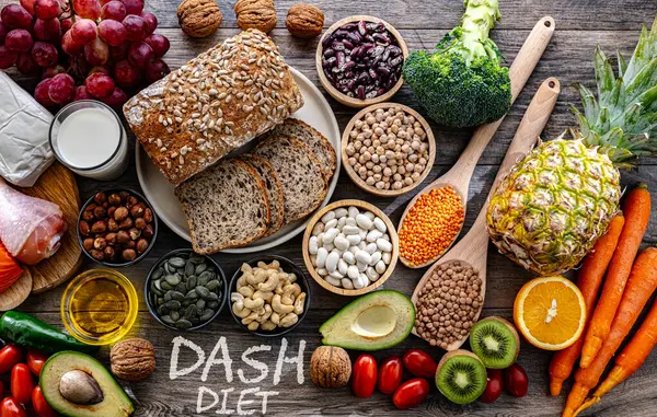 Food products representing the DASH diet which was created to help lower high blood pressure