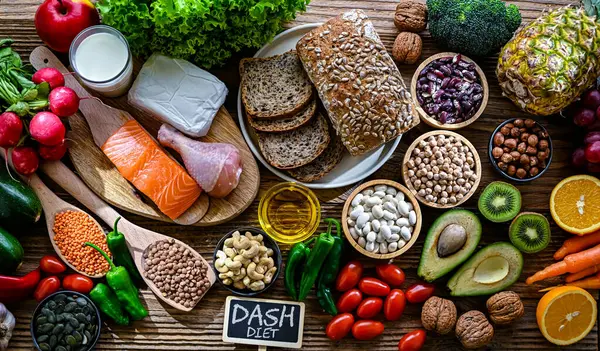 Food Products Representing Dash Diet Which Created Help Lower High — Stock Photo, Image