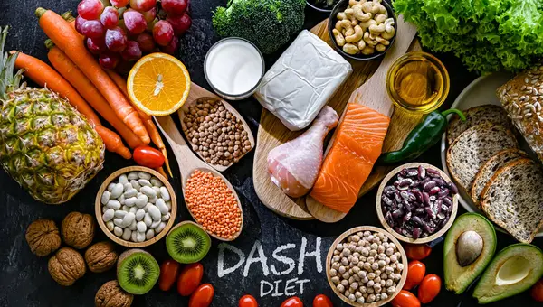 Nahrungsmittel Die Die Dash Diät Repräsentieren Die Geschaffen Wurde Bluthochdruck Stockbild