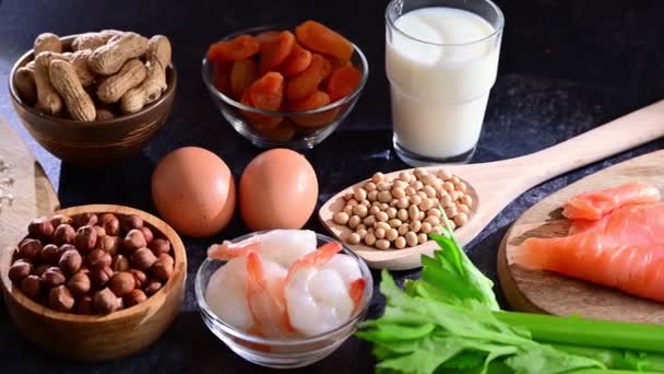 Common Food Allergens Including Egg Milk Soya Nuts Fish Seafood — Stock Video