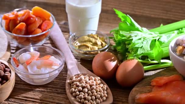 Common Food Allergens Including Egg Milk Soya Nuts Fish Seafood — Stock Video