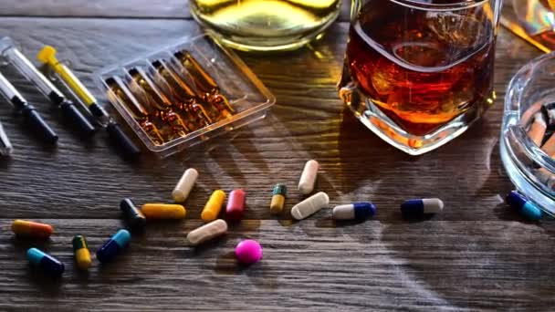 Sustancias Adictivas Incluyendo Alcohol Cigarrillos Drogas — Vídeo de stock