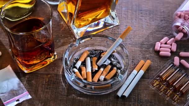Substâncias Viciantes Incluindo Álcool Cigarros Drogas — Vídeo de Stock