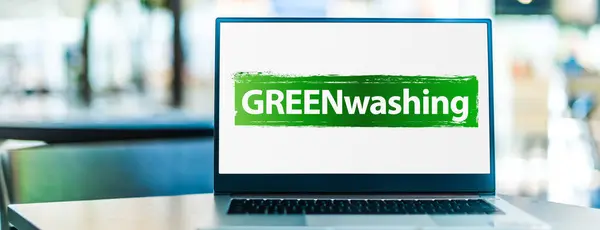 Φορητός Υπολογιστής Που Εμφανίζει Σήμα Του Greenwashing Παραπλανητική Φιλική Προς — Φωτογραφία Αρχείου