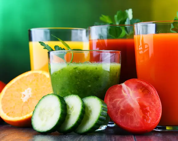 Glasses Fresh Organic Vegetable Fruit Juices Detox Diet Stock Image