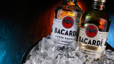 POZNAN, POL - 12 APR 2024: Bacardi Rom şişeleri, Bacardi Limited 'in bir ürünü, dünyanın en büyük özel mülkiyetli, aile ruhları şirketi, merkezi Hamilton, Bermuda' da..