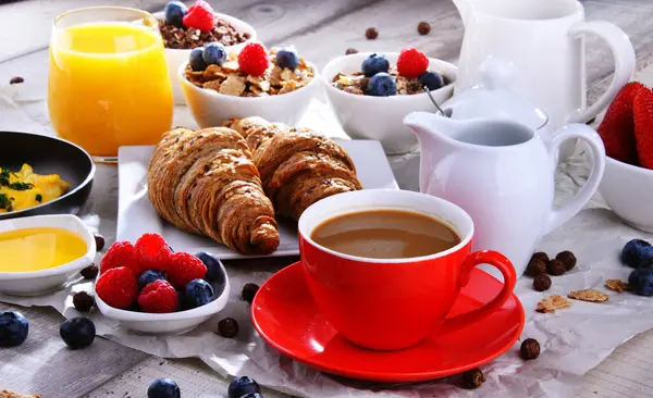 Breakfast Served Coffee Orange Juice Croissants Egg Cereals Fruits Balanced — Stock Photo, Image