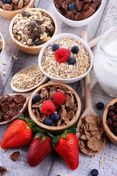 Bowls Containing Different Sorts Breakfast Cereal Products — Stock Photo, Image