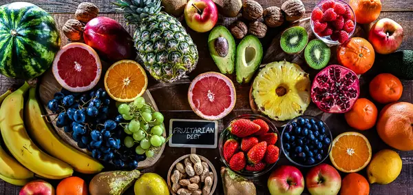 Produtos Alimentares Que Representam Dieta Fruitária Fruitarismo Imagens Royalty-Free