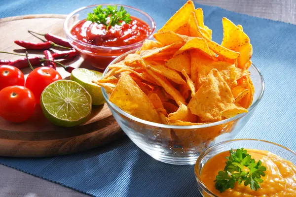 Composition Glass Bowl Tortilla Chips Dipping Sauces Stock Image