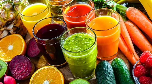 Glasögon Med Färska Ekologiska Grönsaker Och Fruktjuicer Avgiftningsdiet Stockbild