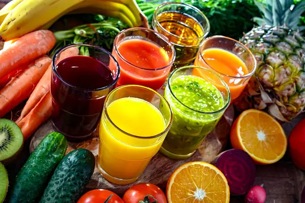 Gelas Dengan Sayuran Organik Segar Dan Jus Buah Diet Detox Stok Foto Bebas Royalti