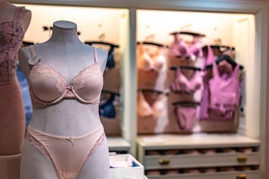 SINGAPORE - 11 Mayıs 2024: Victoria 's Secret mağazasının içi, Amerikalı bir tasarımcı, üretici ve kadın iç çamaşırı, kadın giyim ve güzellik ürünleri pazarlamacısı