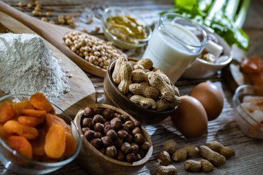 Yumurta, süt, soya, fındık, balık, deniz ürünleri, buğday unu, hardal, kurutulmuş kayısı ve kereviz de dahil olmak üzere genel gıda alerjisi olan bileşim.